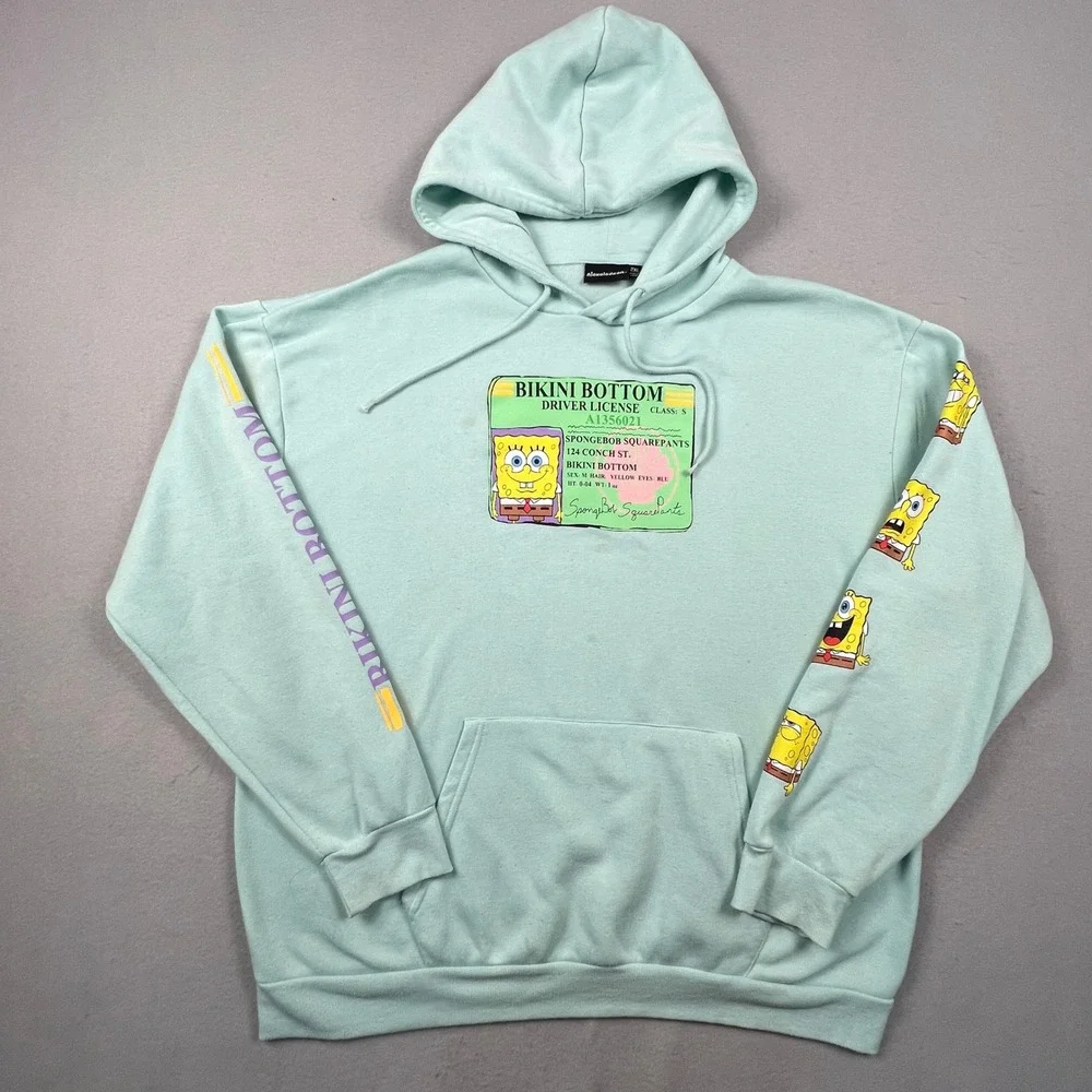 Nickelodeon Spongebob Hoodie Mens 2XL Green Driver License Graphic Pullover Y2K